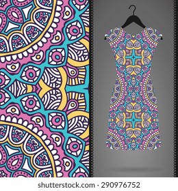 Card with dress and seamless pattern. Vintage decorative elements. Hand drawn background.
