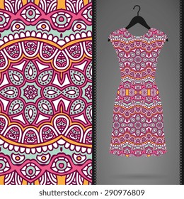 Card with dress and seamless pattern. Vintage decorative elements. Hand drawn background.