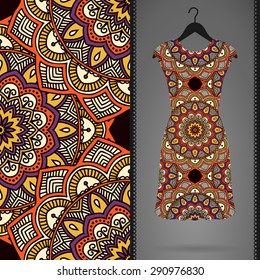 Card with dress and seamless pattern. Vintage decorative elements. Hand drawn background.