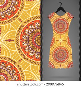 Card with dress and seamless pattern. Vintage decorative elements. Hand drawn background.