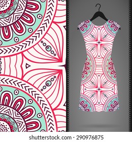 Card with dress and seamless pattern. Vintage decorative elements. Hand drawn background.