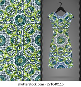 Card with dress and seamless pattern. Vintage decorative elements. Hand drawn background.