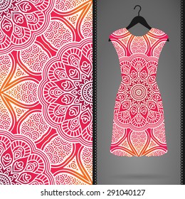 Card with dress and seamless pattern. Vintage decorative elements. Hand drawn background.