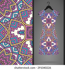 Card with dress and seamless pattern. Vintage decorative elements. Hand drawn background.