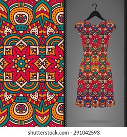 Card with dress and seamless pattern. Vintage decorative elements. Hand drawn background.