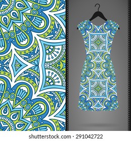 Card with dress and seamless pattern. Vintage decorative elements. Hand drawn background.