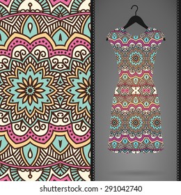 Card with dress and seamless pattern. Vintage decorative elements. Hand drawn background.