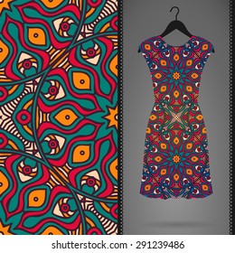 Card with dress and seamless pattern. Vintage decorative elements. Hand drawn background.