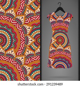 Card with dress and seamless pattern. Vintage decorative elements. Hand drawn background.
