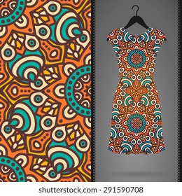 Card with dress and seamless pattern. Vintage decorative elements. Hand drawn background.