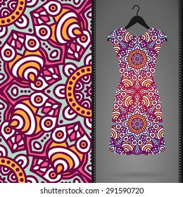 Card with dress and seamless pattern. Vintage decorative elements. Hand drawn background.