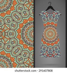 Card with dress and seamless pattern. Vintage decorative elements. Hand drawn background.