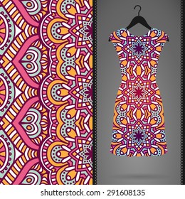 Card with dress and seamless pattern. Vintage decorative elements. Hand drawn background.