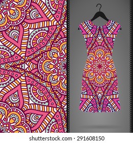 Card with dress and seamless pattern. Vintage decorative elements. Hand drawn background.