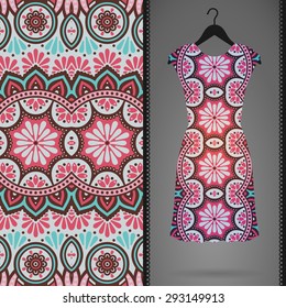 Card with dress and seamless pattern. Vintage decorative elements. Hand drawn background.