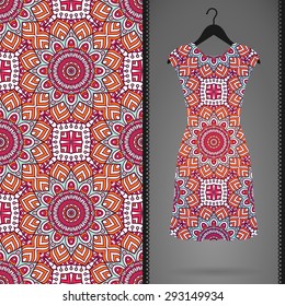 Card with dress and seamless pattern. Vintage decorative elements. Hand drawn background.