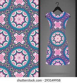 Card with dress and seamless pattern. Vintage decorative elements. Hand drawn background.