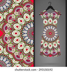 Card with dress and seamless pattern. Vintage decorative elements. Hand drawn background.