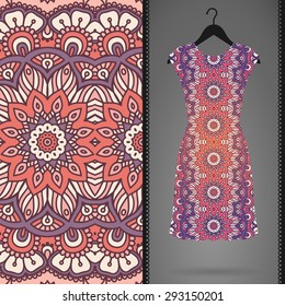 Card with dress and seamless pattern. Vintage decorative elements. Hand drawn background.