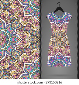 Card with dress and seamless pattern. Vintage decorative elements. Hand drawn background.
