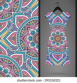 Card with dress and seamless pattern. Vintage decorative elements. Hand drawn background.