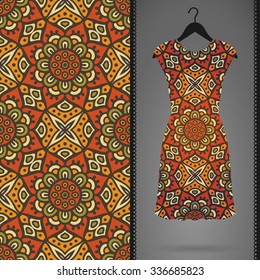Card with dress and seamless pattern. Vintage decorative elements. Hand drawn background.