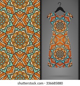 Card with dress and seamless pattern. Vintage decorative elements. Hand drawn background.