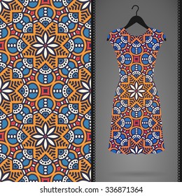 Card with dress and seamless pattern. Vintage decorative elements. Hand drawn background.
