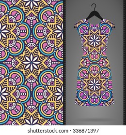 Card with dress and seamless pattern. Vintage decorative elements. Hand drawn background.