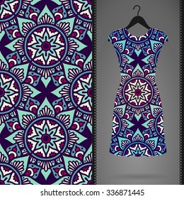 Card with dress and seamless pattern. Vintage decorative elements. Hand drawn background.