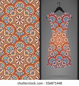 Card with dress and seamless pattern. Vintage decorative elements. Hand drawn background.