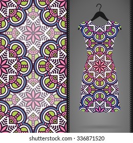 Card with dress and seamless pattern. Vintage decorative elements. Hand drawn background.