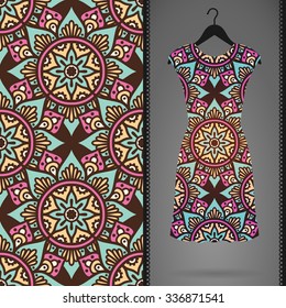 Card with dress and seamless pattern. Vintage decorative elements. Hand drawn background.