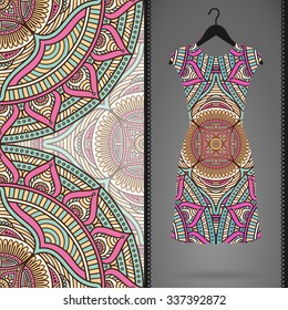 Card with dress and seamless pattern. Vintage decorative elements. Hand drawn background.