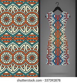 Card with dress and seamless pattern. Vintage decorative elements. Hand drawn background.