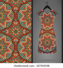 Card with dress and seamless pattern. Vintage decorative elements. Hand drawn background.