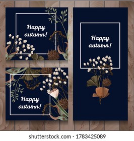 Card with dried and wild autumn flowers. Banner with slogan hello autumn.