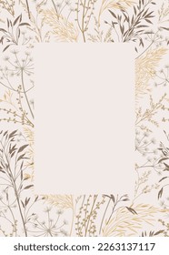 Card with dry and wild grass. Natural beige tones. Vertical botanical frame with copy space.Vector illustration. Autumn field. Sketch. Layout border for invitations, postcards, cover.