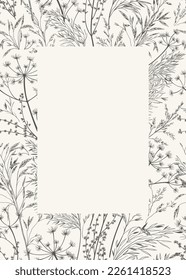 Card with dry and wild grass. Vertical botanical frame with copy space. Botanical vector illustration. Black pattern and white backdrop. Sketch. BW. Trendy border for invitations, postcards, cover.