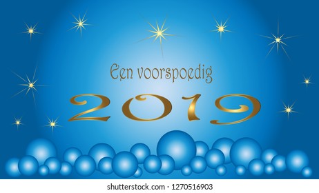 Card Dutch text happy new year. Blue Christmas balls golden stars.