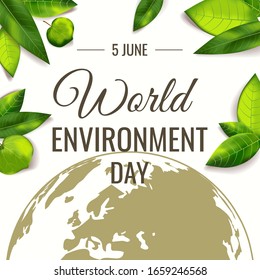 Card for Earth Day, World Environment Day with globe and fresh green leaves. Ecology, environment safety concept. Vector illustration for poster, banner, card, postcard, cover, flyer.