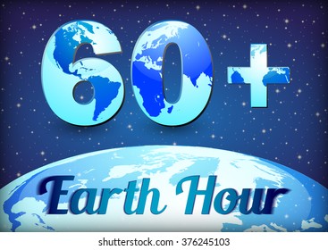 Card for Earth Hour - global annual international event. Number 60 and globe inside symbolizing 60 minutes on background of night starry blue sky and globe. Vector illustration