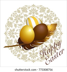 Card for Easter with a 3D illustration of decorated eggs in a nest.
On a white background, a rosette forms a nest with at the center three eggs huddled in the hollow of a brown feather. English text.