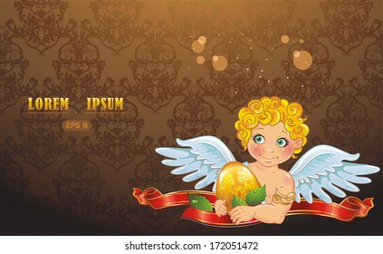 Card for Easter day with funny cartoon cupid and ribbons