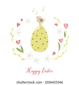 Card with Easter dotted egg and cute little bird. Vector illustration.