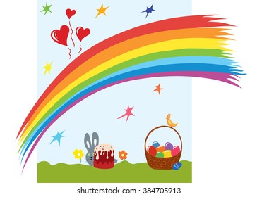 card with Easter eggs in a basket, bird, rabbit, rainbow background/Happy Easter story
