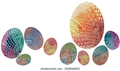 card with Easter eggs of different sizes in a vector on a white background of lines and like watercolor stains, in the style of a patchwork of embroidery fabrics