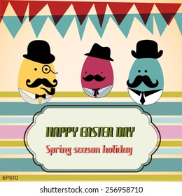 Card of Easter eggs dressed as a businessman celebrating Spring holiday, vintage frame for text.