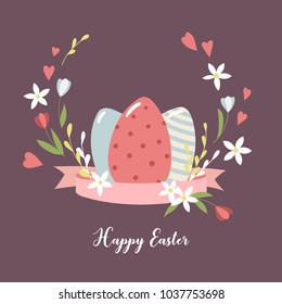 Card with Easter eggs and flowers. Vector template.
