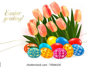 Card with Easter eggs with pink tulip flowers. Vector illustration.